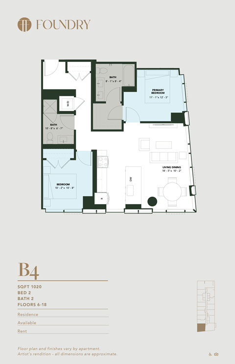 Floor plan for 2 beds, 2 baths, 1020 sqft
